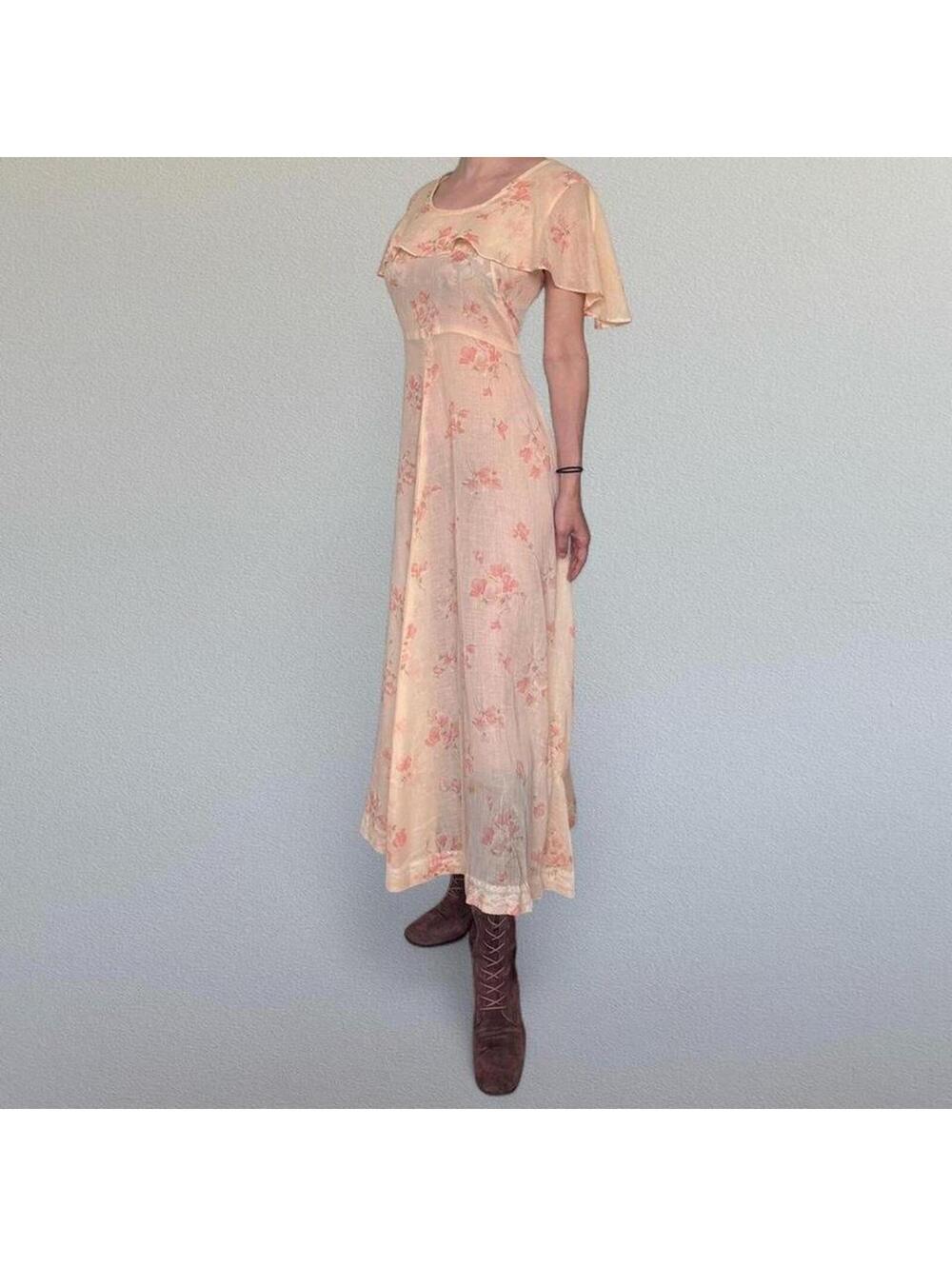 Vintage 70s sheer floral prairie dress Sz M/L - Picture 2 of 8